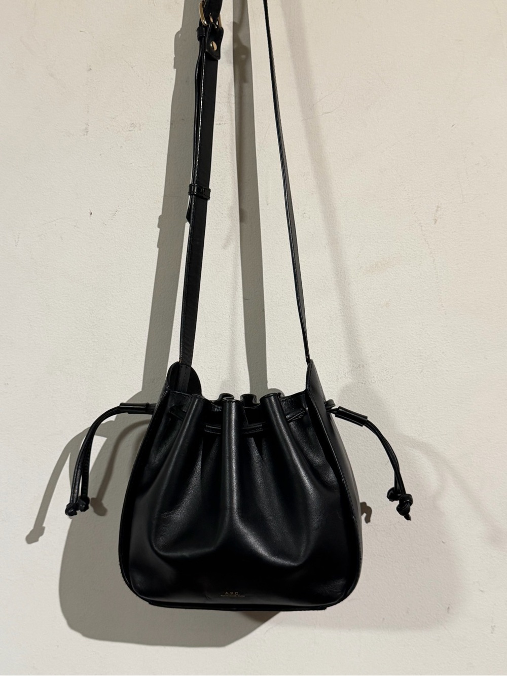 A.P.C. Black Leather Drawstring Bucket Crossbody
